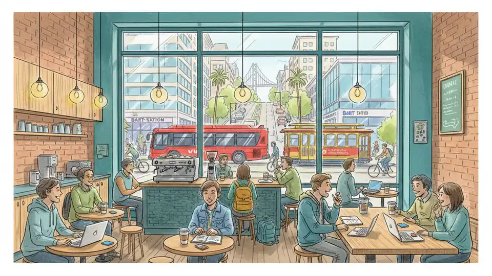 Coffee shop interior with transit riders at tables near large windows showing city street
