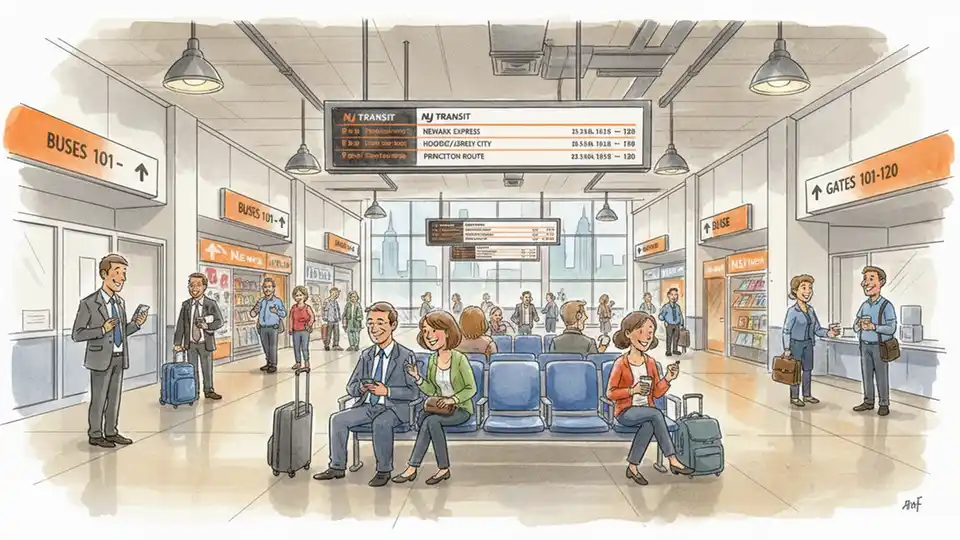 Interior of Port Authority Bus Terminal showing NJ TRANSIT departure gates and waiting area with commuters