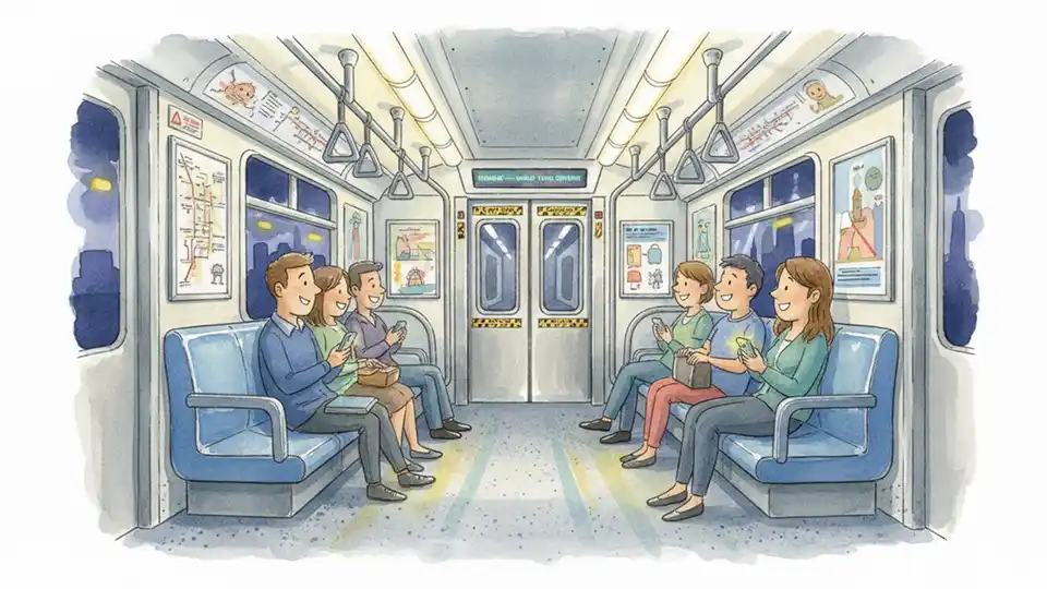 Interior view of PATH train car showing passengers seated safely inside with clear view of end doors marked with safety warnings