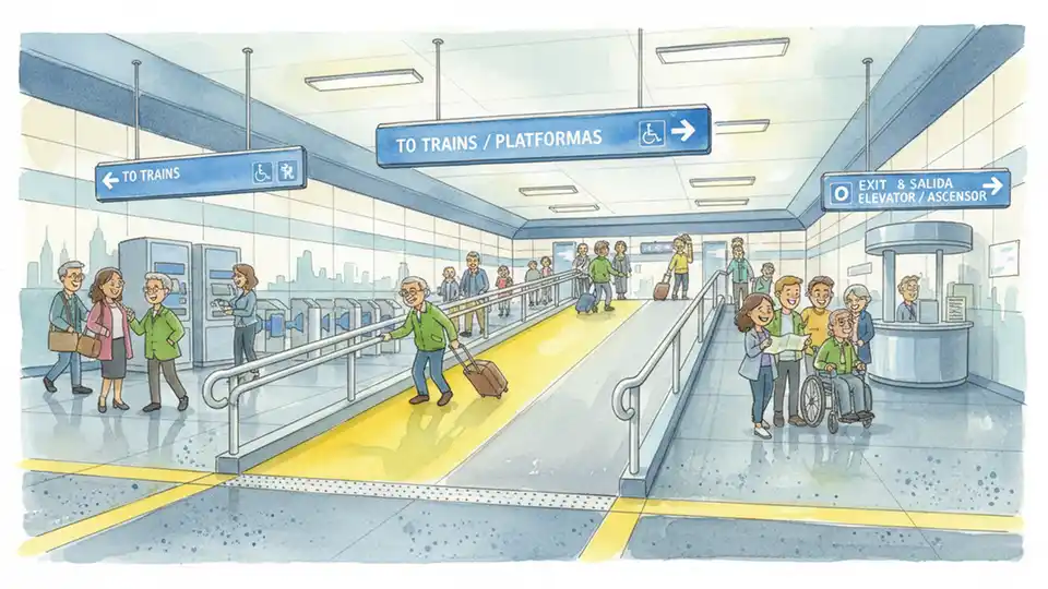 Access ramp at transit station concourse level with directional signage