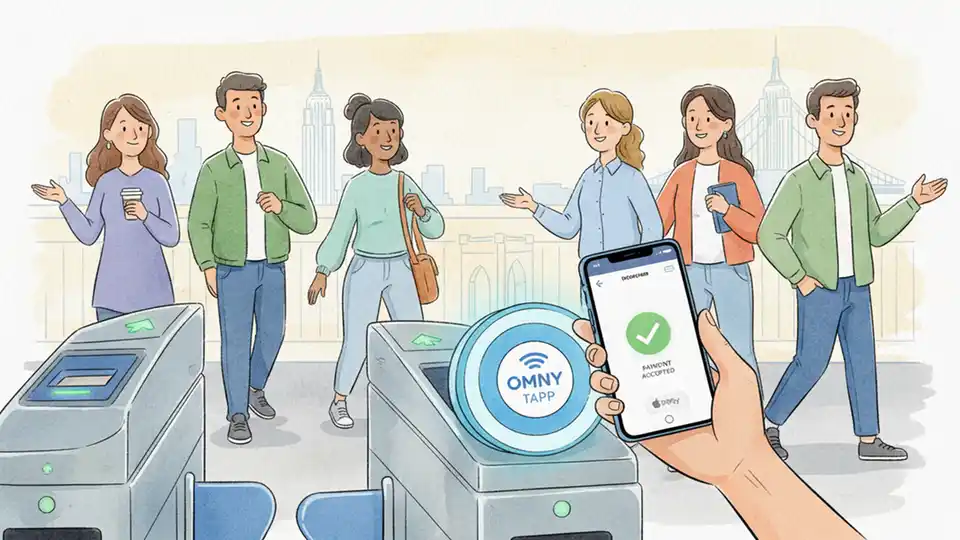 Transit passengers using contactless payment at modern turnstile, smartphone held near TAPP reader with payment confirmation screen visible