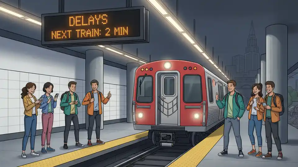 Red Line train approaching station with digital display showing delay information