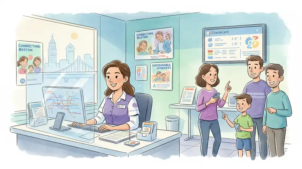 Customer service representative at transit agency office working at computer desk