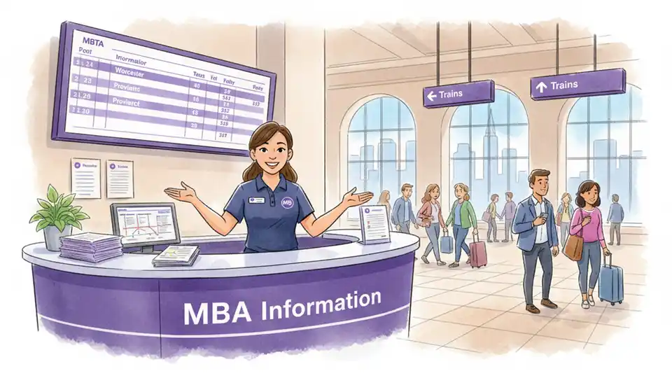 MBTA Commuter Rail customer service staff member assisting passengers at station information desk