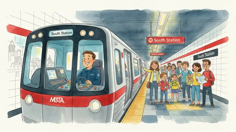 Red Line train operator in cab with South Station signage visible