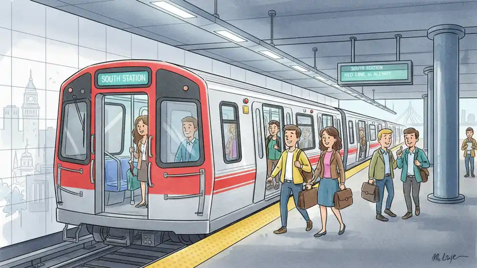 Red Line subway train at South Station platform with passengers boarding