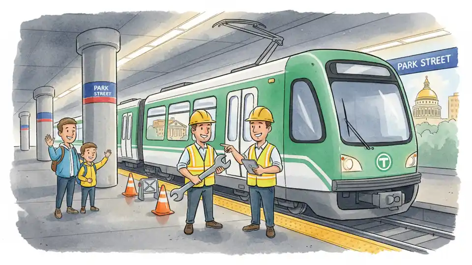 MBTA maintenance crew working on Green Line train at station