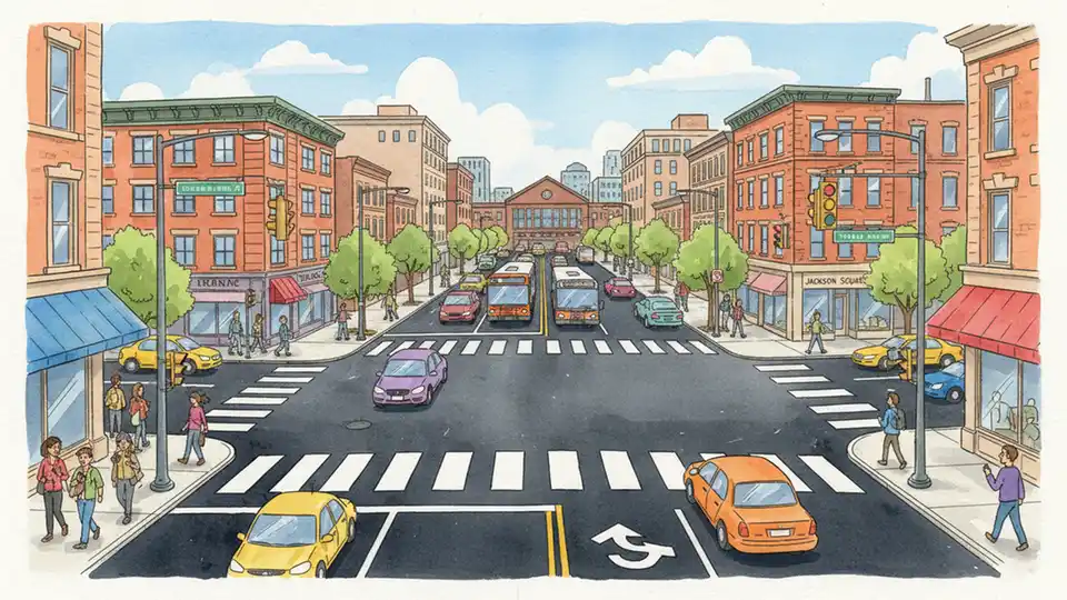 Columbus Avenue intersection at Jackson Square in Boston showing reopened roadway with fresh pavement and normal traffic flow