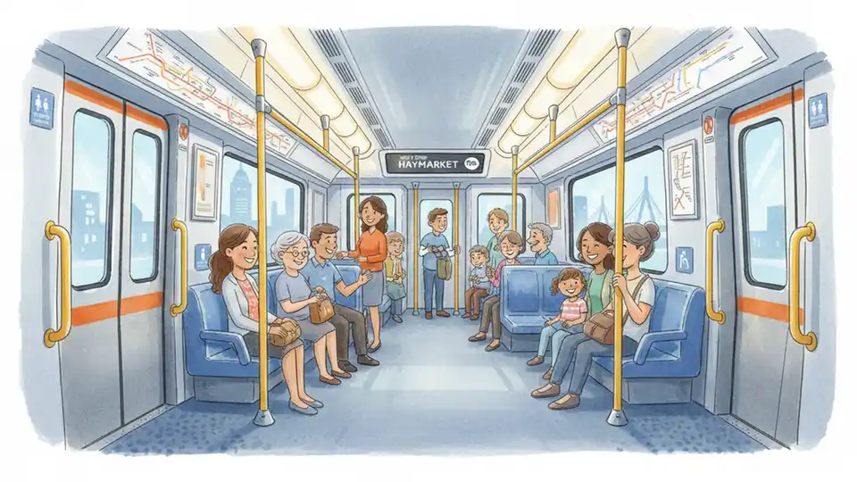 Interior of MBTA train car showing passenger seating and safety features