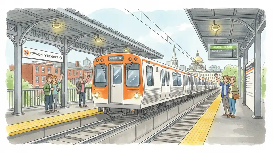 Orange Line train departing station with normal service operations restored after delay clearance