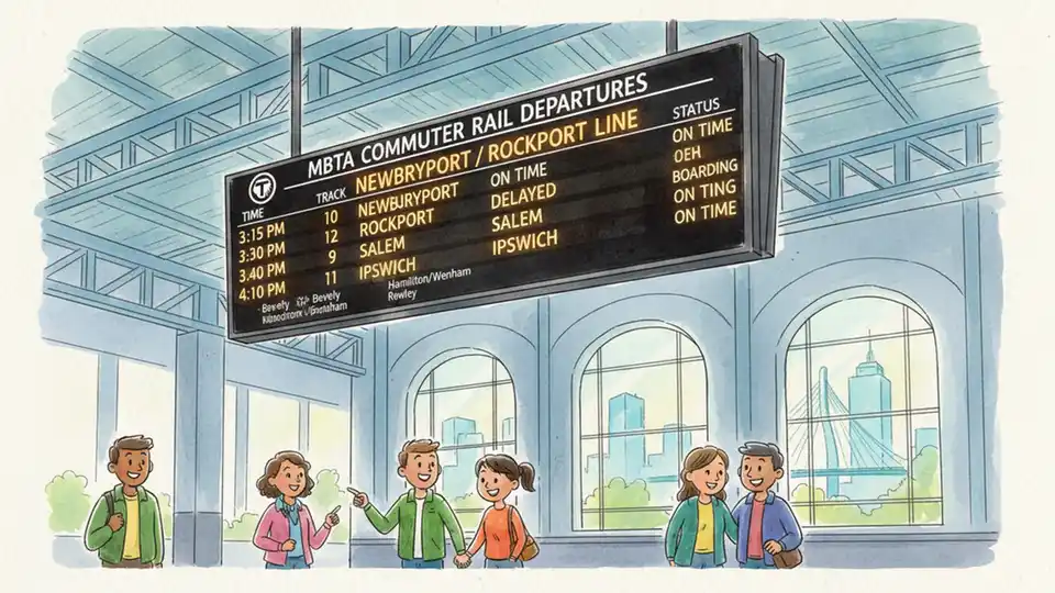 MBTA commuter rail schedule board showing Newburyport line departures at North Station