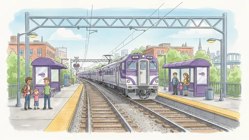 Commuter rail tracks with train approaching station in Massachusetts