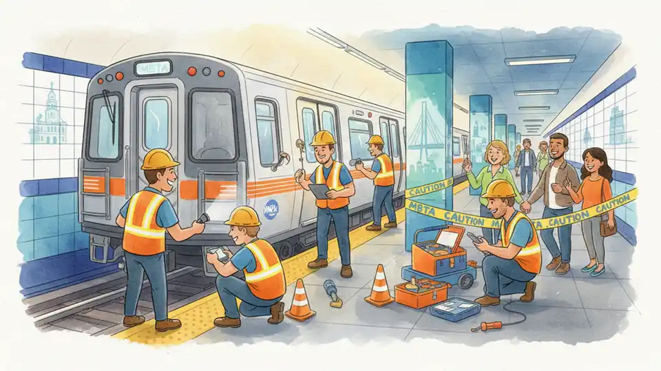 Transit maintenance crew working on subway train at station platform