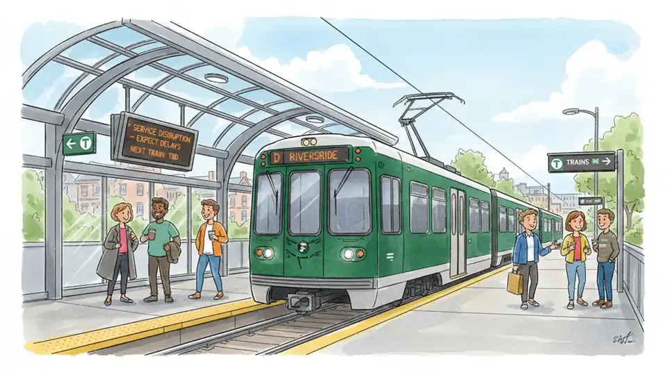 MBTA Green Line D Branch train at station platform during service delay with digital information board