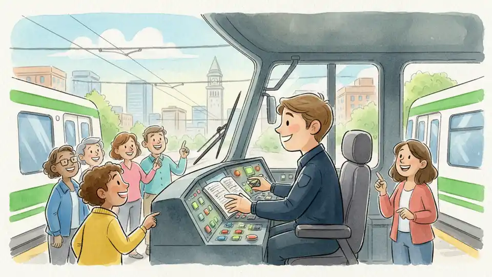 Green Line train operator in cab working to restore service after mechanical issue