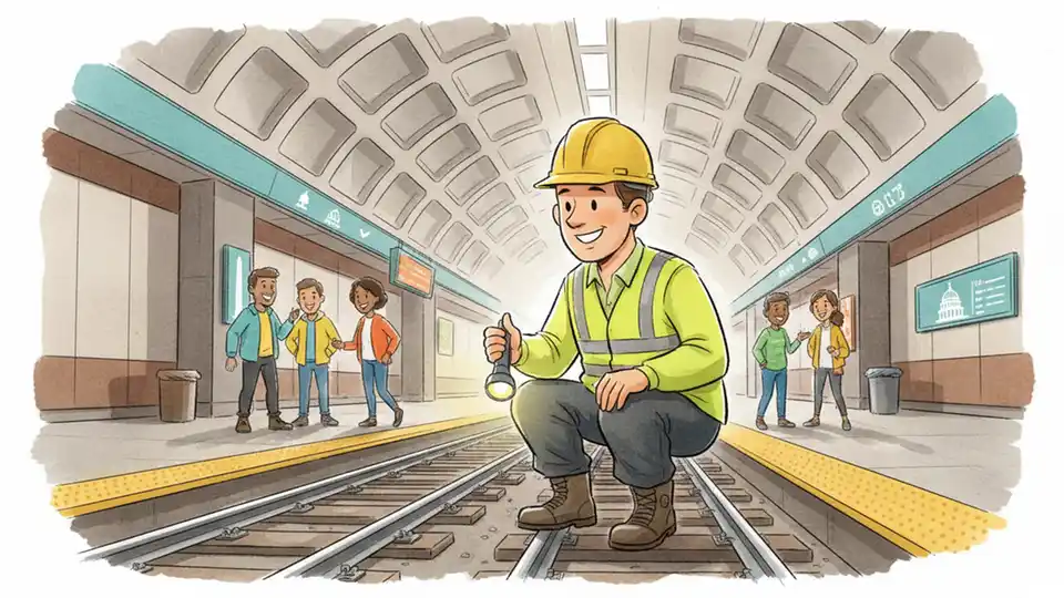 Metro transit worker inspecting rail tracks at station