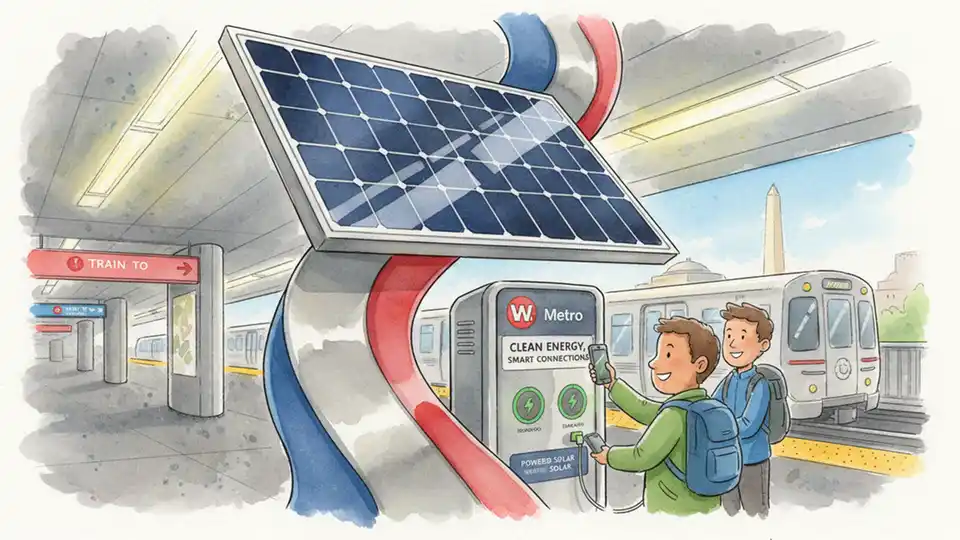 Close-up view of solar panel array on Metro public art sculpture with phone charging station, sustainable transit infrastructure at subway station