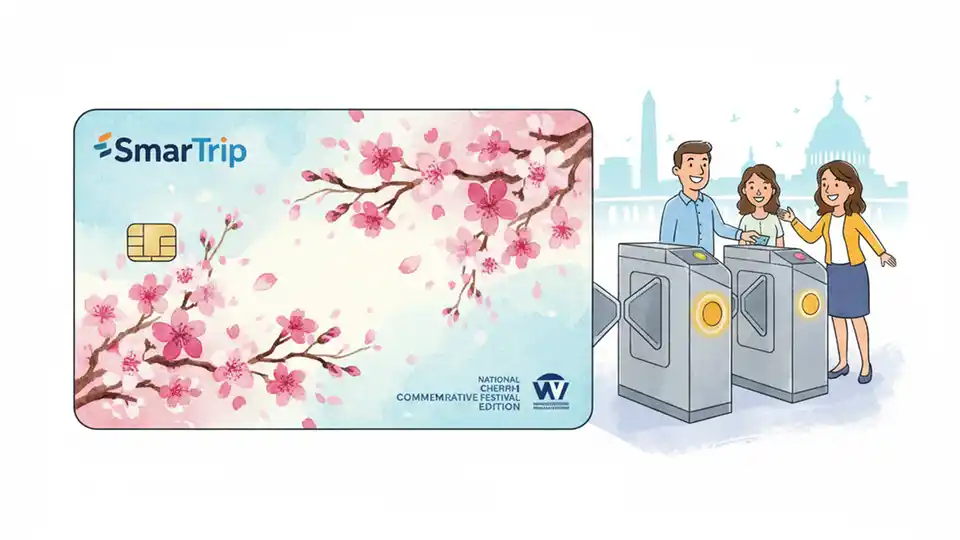 Close-up of Cherry Blossom SmarTrip card design with fare gate in background