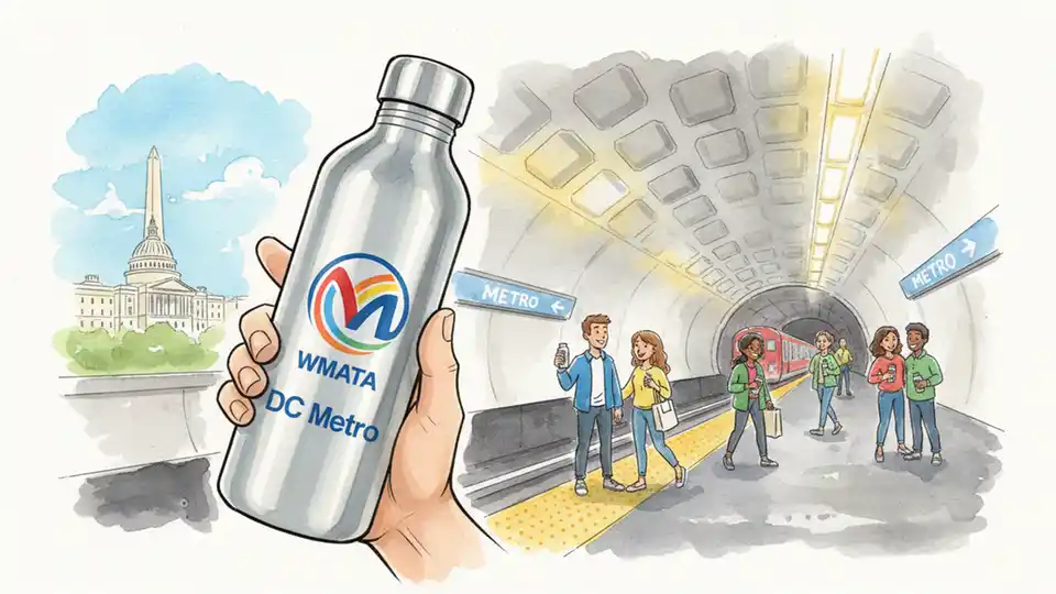 Metro system water bottle with transit branding displayed against background of subway station platform