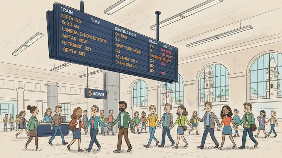 Train departure board showing delay information at Philadelphia transit station