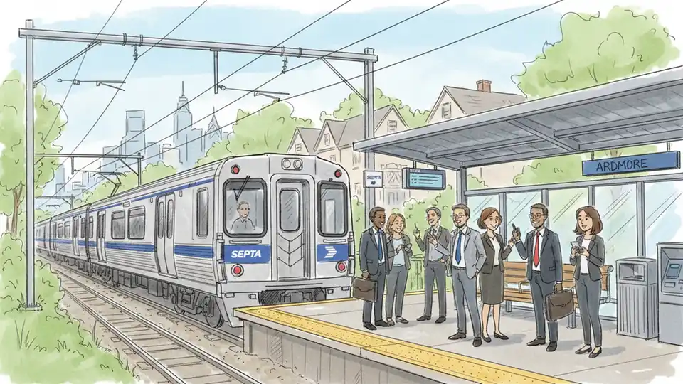 Regional rail train at suburban Philadelphia station platform with passengers waiting