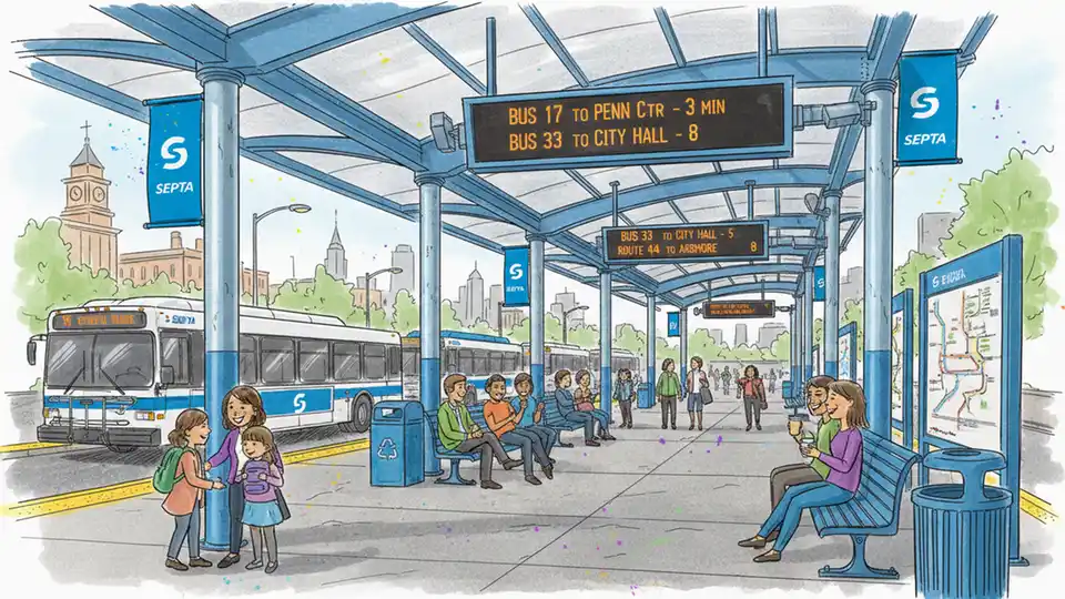Transit center platform with waiting passengers and route information displays