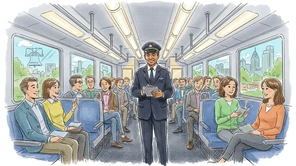 Regional rail conductor checking schedule inside train car with commuters seated
