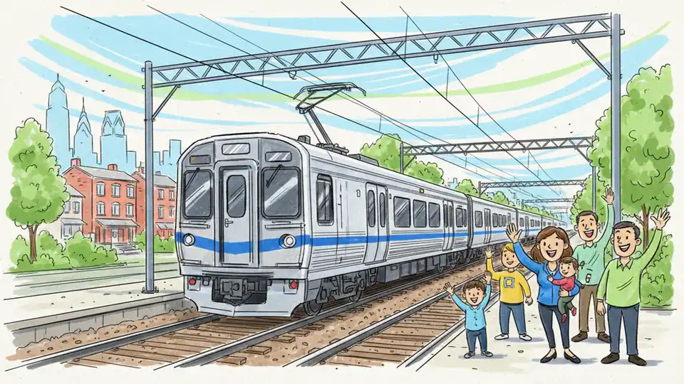 Regional rail train traveling through suburban area with overhead wires visible