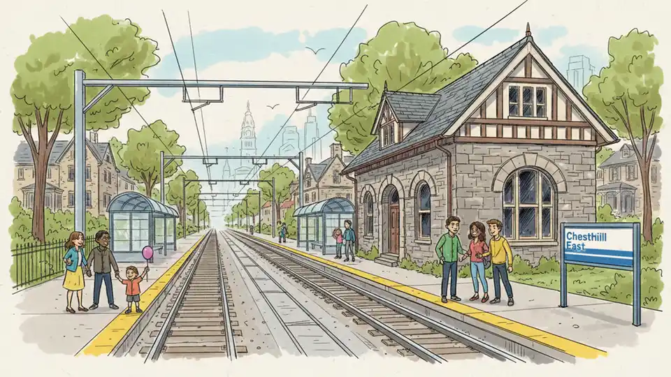 Chestnut Hill East station exterior with train tracks and platform visible