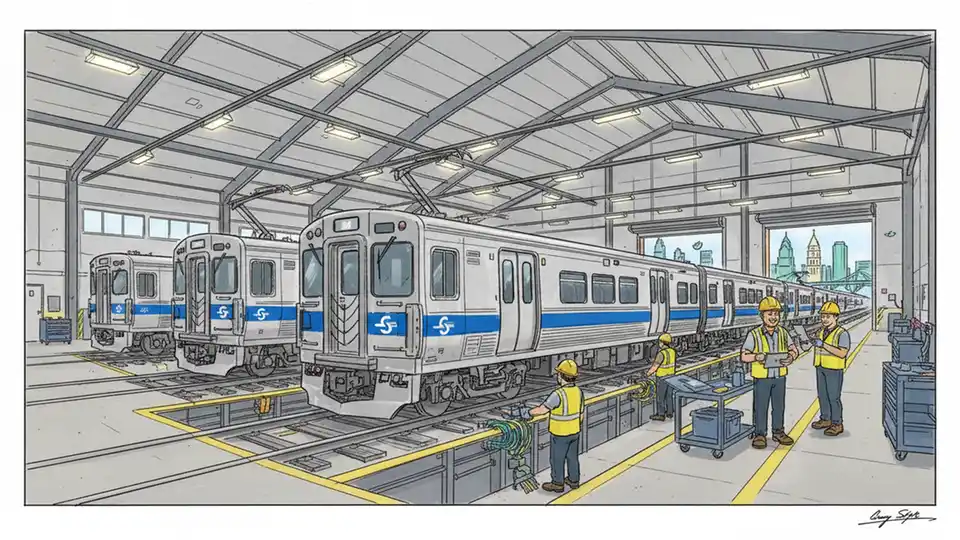 Train maintenance facility with regional rail cars undergoing mechanical inspection