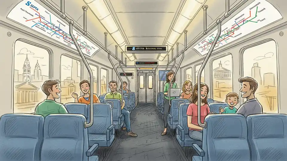 SEPTA regional rail train interior showing passenger seating and route map display