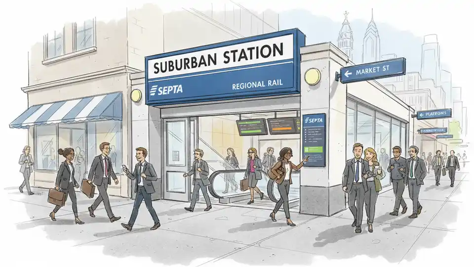 Suburban Station entrance with commuters and transit information displays