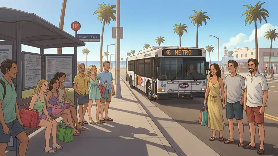 Metro bus approaching Venice Beach stop with beachgoers and event attendees waiting