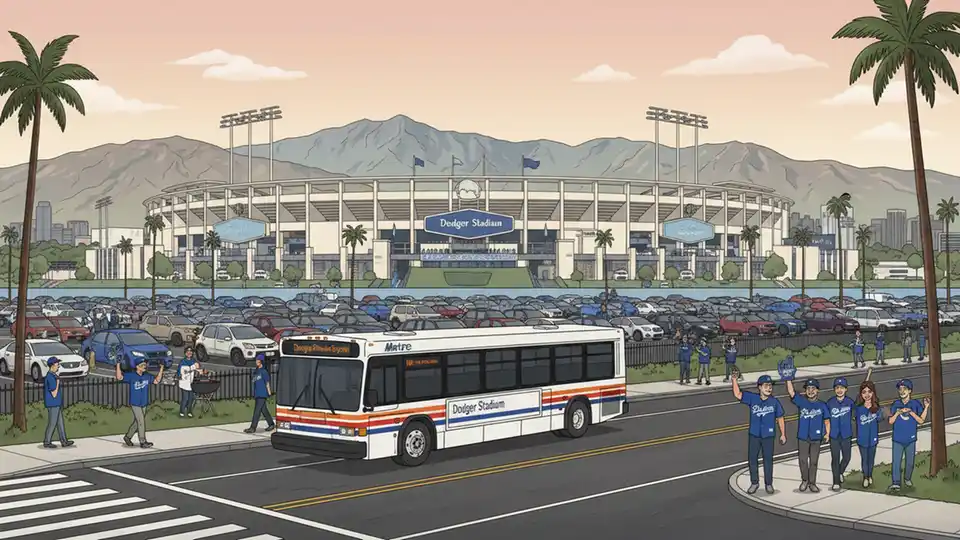 Dodger Stadium exterior with Metro express bus in foreground during game day, showing fans walking toward stadium entrance with parking lots and San Gabriel Mountains visible in background
