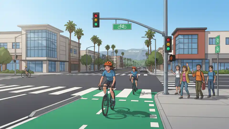 Cyclist riding through protected bike lane intersection with enhanced crossing markings and traffic signals, showing safety infrastructure at urban street crossing in San Fernando Valley