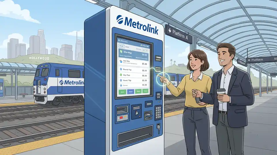 Metrolink ticket vending machine at train station with fare options displayed on screen