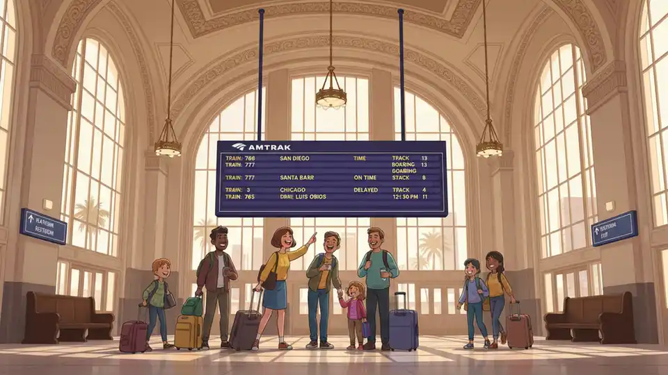 Amtrak station departure board showing train information and platform assignments
