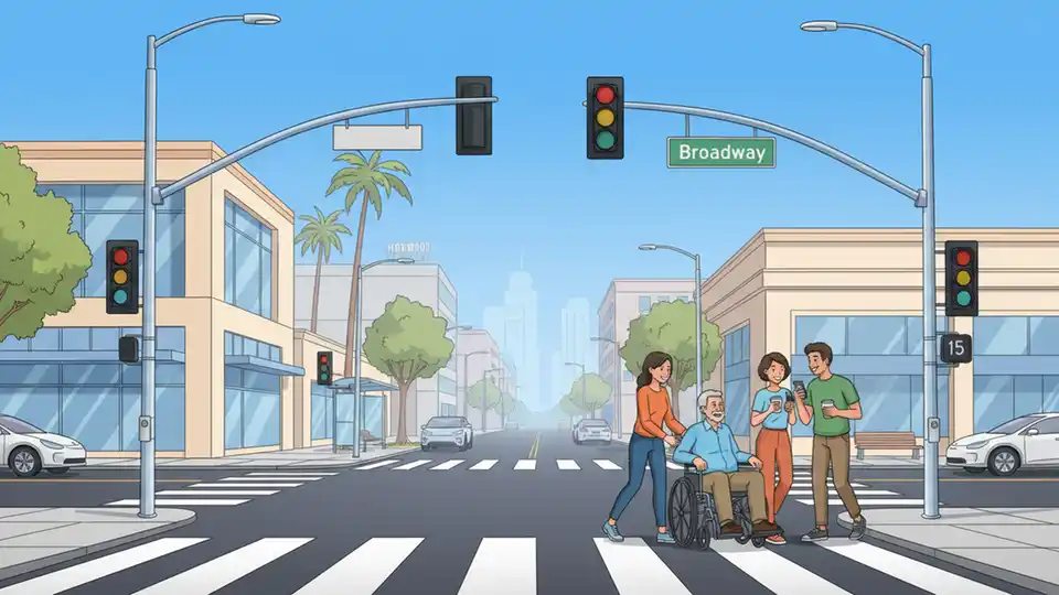 Urban intersection with modern traffic signal equipment and pedestrian crossing markings at Broadway street corner