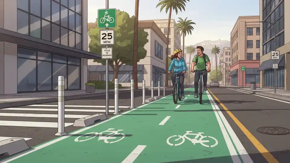 Close-up view of protected bike lane with physical barriers next to vehicle traffic on urban Los Angeles street, showing traffic calming elements like crosswalk and signage