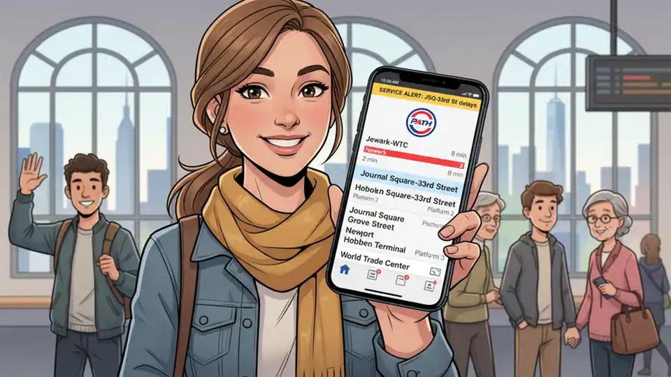 Smartphone screen showing transit app with PATH train schedule and real-time arrival information
