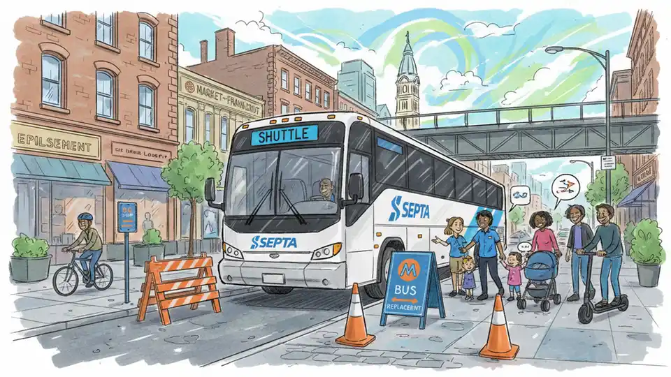 SEPTA shuttle bus at Center City street stop with Market-Frankford Line signage visible, showing emergency replacement service during service disruption