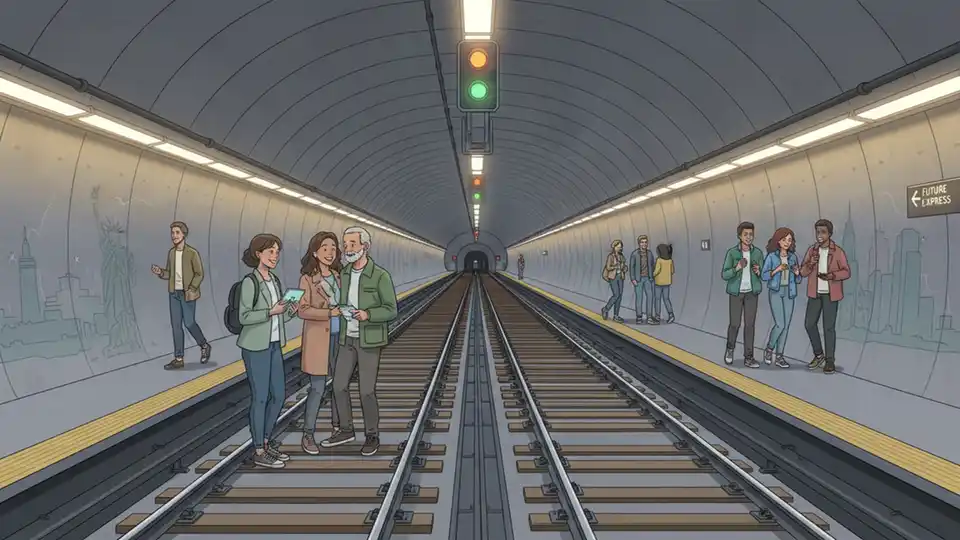 New York City subway infrastructure showing tracks and signal equipment in tunnel
