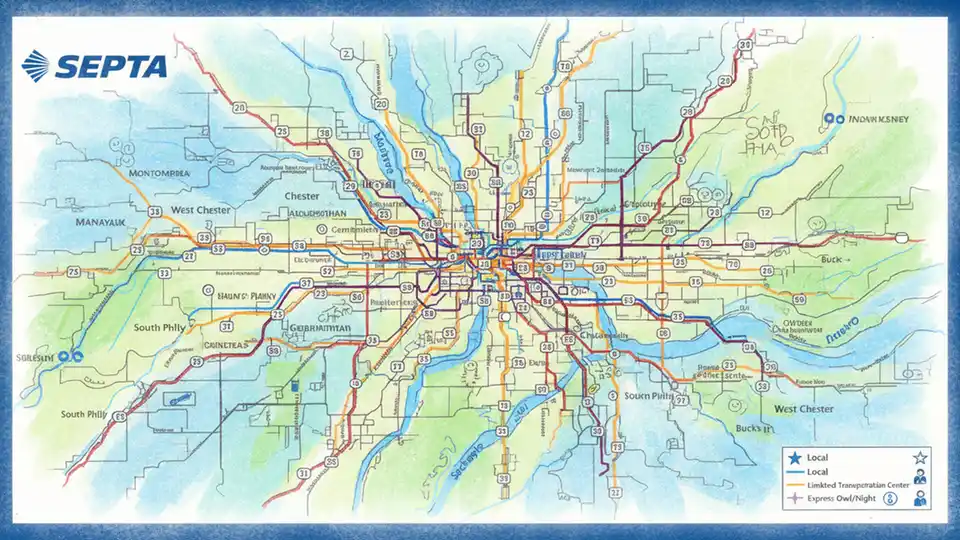 SEPTA bus route map display showing network of lines across Philadelphia region