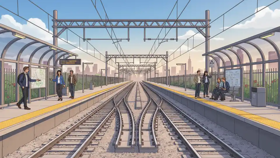 Railway tracks at transit station showing track configuration and platform area