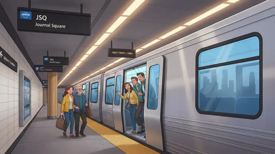 Transit train at Newport station platform with JSQ-bound track signage visible