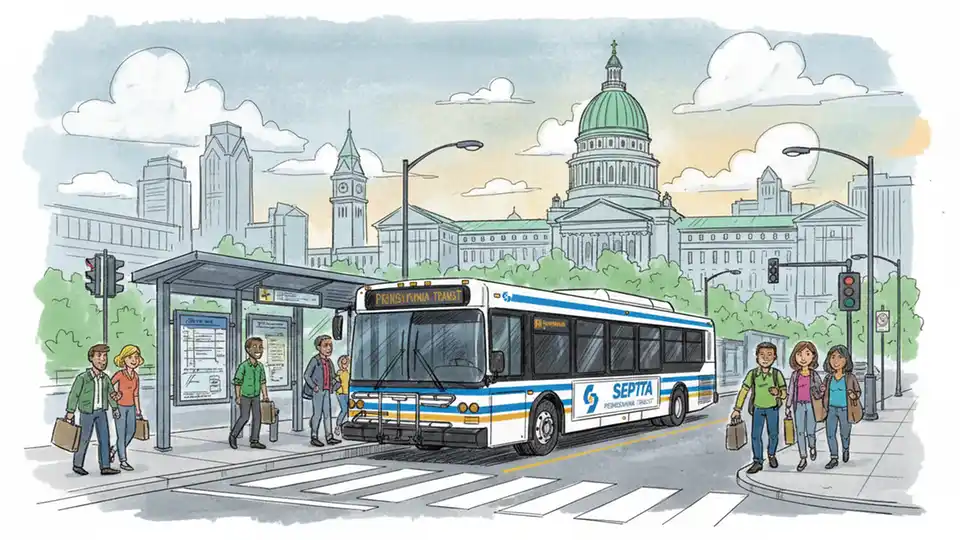Pennsylvania transit bus at urban station with state capitol building visible in background