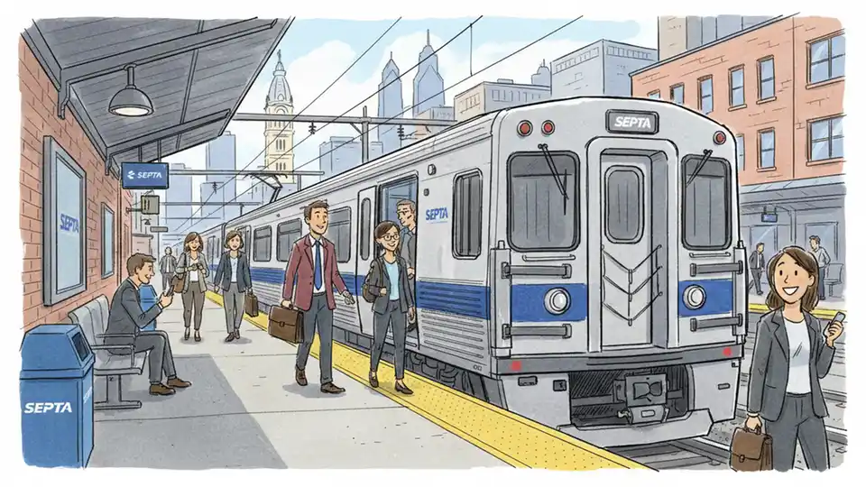 Pennsylvania transit train at platform with passengers waiting, showing typical commuter scene