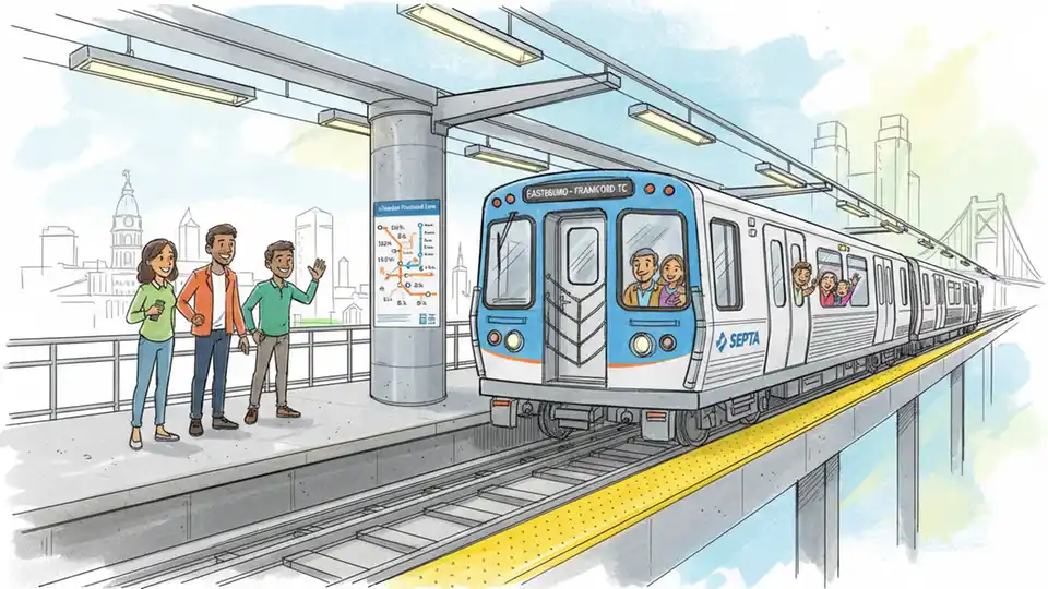 SEPTA Market-Frankford Line L train at station platform with route map visible showing connection to Center City