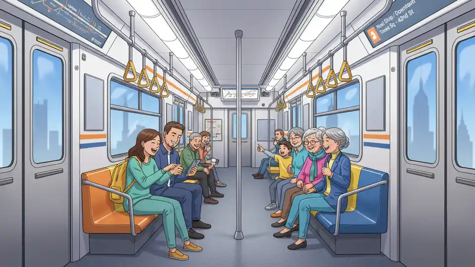 Interior of modern subway car showing seating and passenger area
