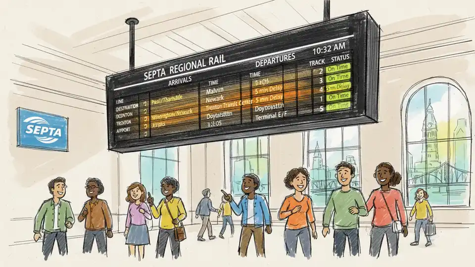 Transit information display board showing train delay status and arrival times